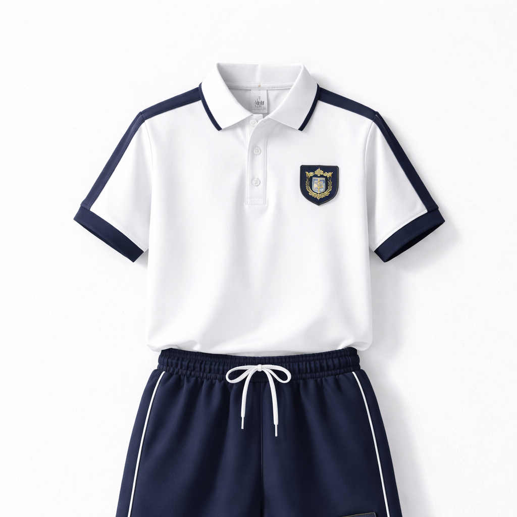 White polo shirt with navy accents and matching shorts on a white background